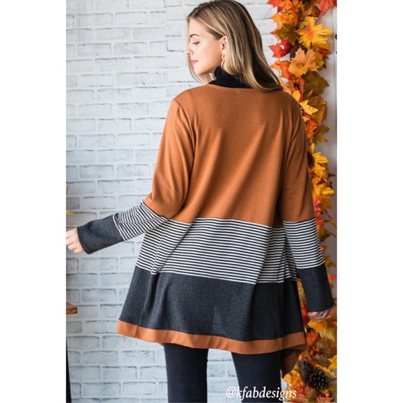 B41W🤎🖤New! Gorgeous tobacco+ black open front cardigan w/black+gray accents! - Picture 3 of 8